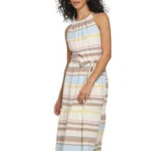 DKNY Sleeveless Halter Neck Tie Waist Stripe Long 'Fit and Flare' Dress NWT